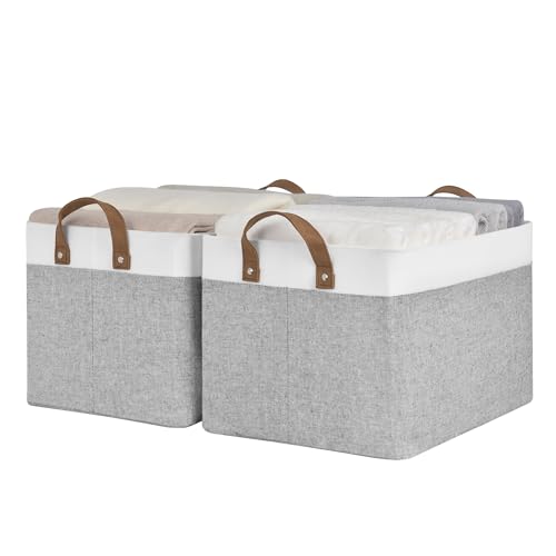 StorageWorks Fabric Storage Bins for Shelves, Wardrobe Storage Boxes, Large Storage Baskets with Metal Frame, Closet Baskets and Boxes with Handles for Bedroom Organising, Grey and White, 2-Pack