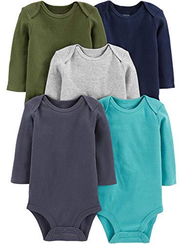 Simple Joys by Carter’s Baby Long-Sleeve Bodysuit Pack of 5, Blue/Grey Heather/Navy/Olive/Washed Navy, Premature