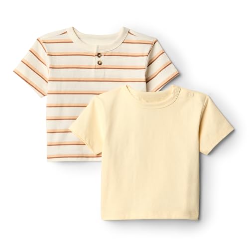 Amazon Essentials x Sofia Grainge Boys’ Short-Sleeved T-Shirts, Pack of 2, Pale Yellow/Stripes, 4 Years