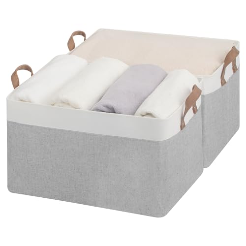 StorageWorks Shelf Storage Boxes, Extra Large Fabric Closet Baskets with Metal Frame, Wardrobe Storage Bins for Shelves Organising, Laundry Room Clothing Boxes with Handles, Grey and White, 2-Pack