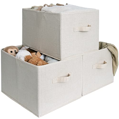StorageWorks Large Storage Boxes for Wardrobe, Rectangular Storage Baskets for Shelves, Closet Organizers with Handles, Foldable Closet Storage Bins for Linen Closet, 3-Pack, Beige Stripes