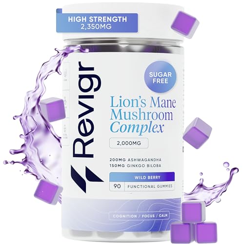 Revigr, 2000mg, 90 Lion’s Mane Mushroom Gummies, + 200mg Ashwagandha, + 150mg Ginkgo Biloba, Nootropics for Cognition, Mood, Immunity & Inflammation, Vegan & Sugar-Free, Mixed Berry (45 Days Supply)