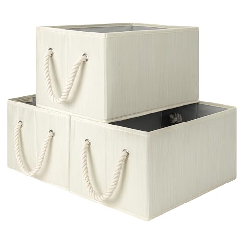 StorageWorks Large Storage Boxes for Organising, Foldable Storage Baskets for Shelves, Fabric Storage Boxes with Handles, Decorative Shelf Baskets, Beige, White & Ivory, 3-Pack