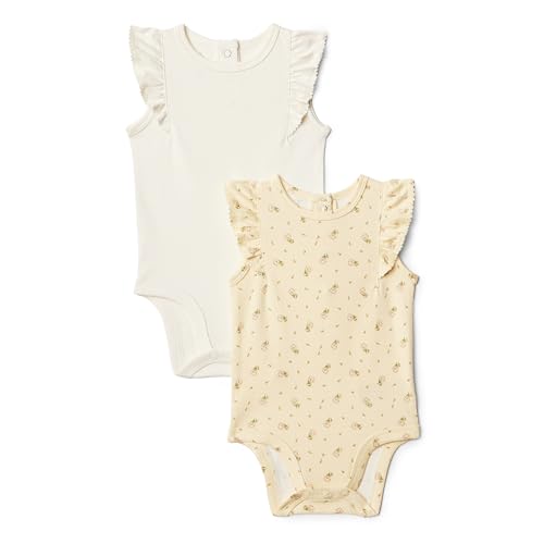 Amazon Essentials x Sofia Grainge Baby Girls’ Embroidered Ruffle Bodysuit, Pack of 2, Ditsy Flowers/Ivory, 12 Months