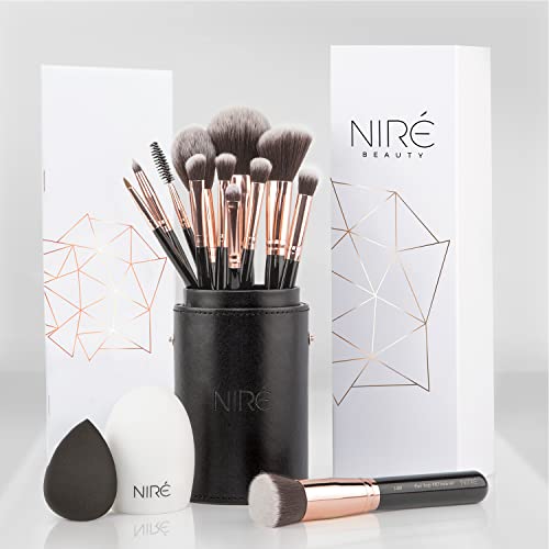 Niré Beauty Professional Makeup Brushes – 15-piece Award Winning Vegan Makeup Brush Set with Case, Blending Sponge, Brush Cleaner, Guide, Gift Box