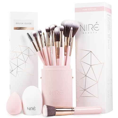 Niré Beauty Pink Makeup Brushes – 15-piece Award Winning Pink Makeup Brush Set with Case, Blending Sponge, Brush Cleaner, Guide, Gift Box